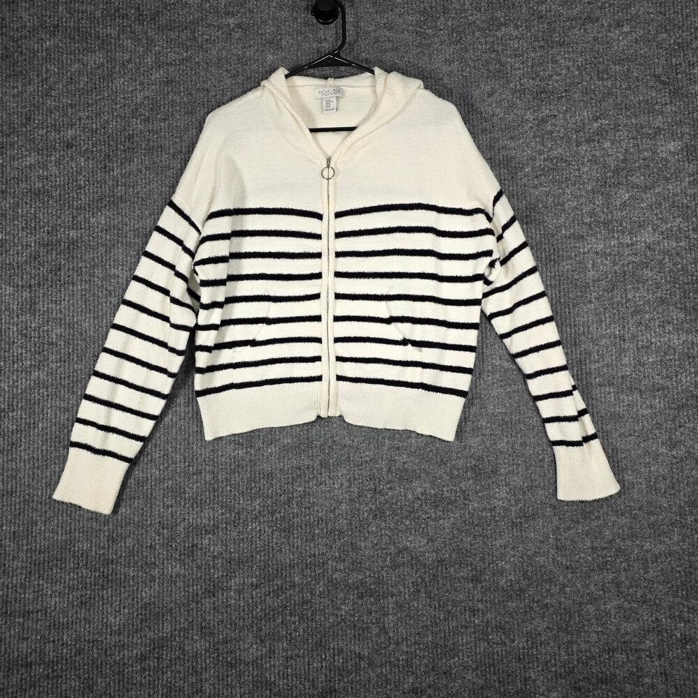 Rachel Zoe Striped Knit Hoodie Womens XL Cream Black Zip Front Cropped Sweater